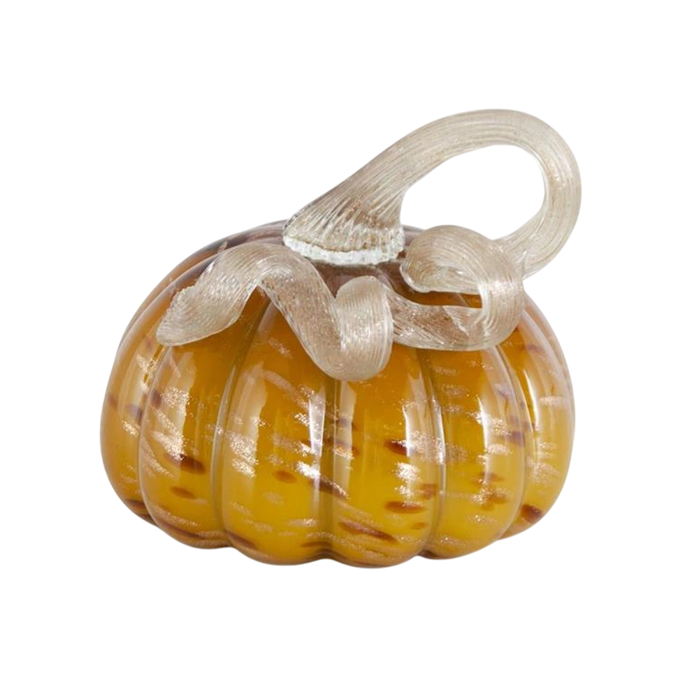 Yellow speckled handblown glass pumpkin with a curled stem for autumn decor.