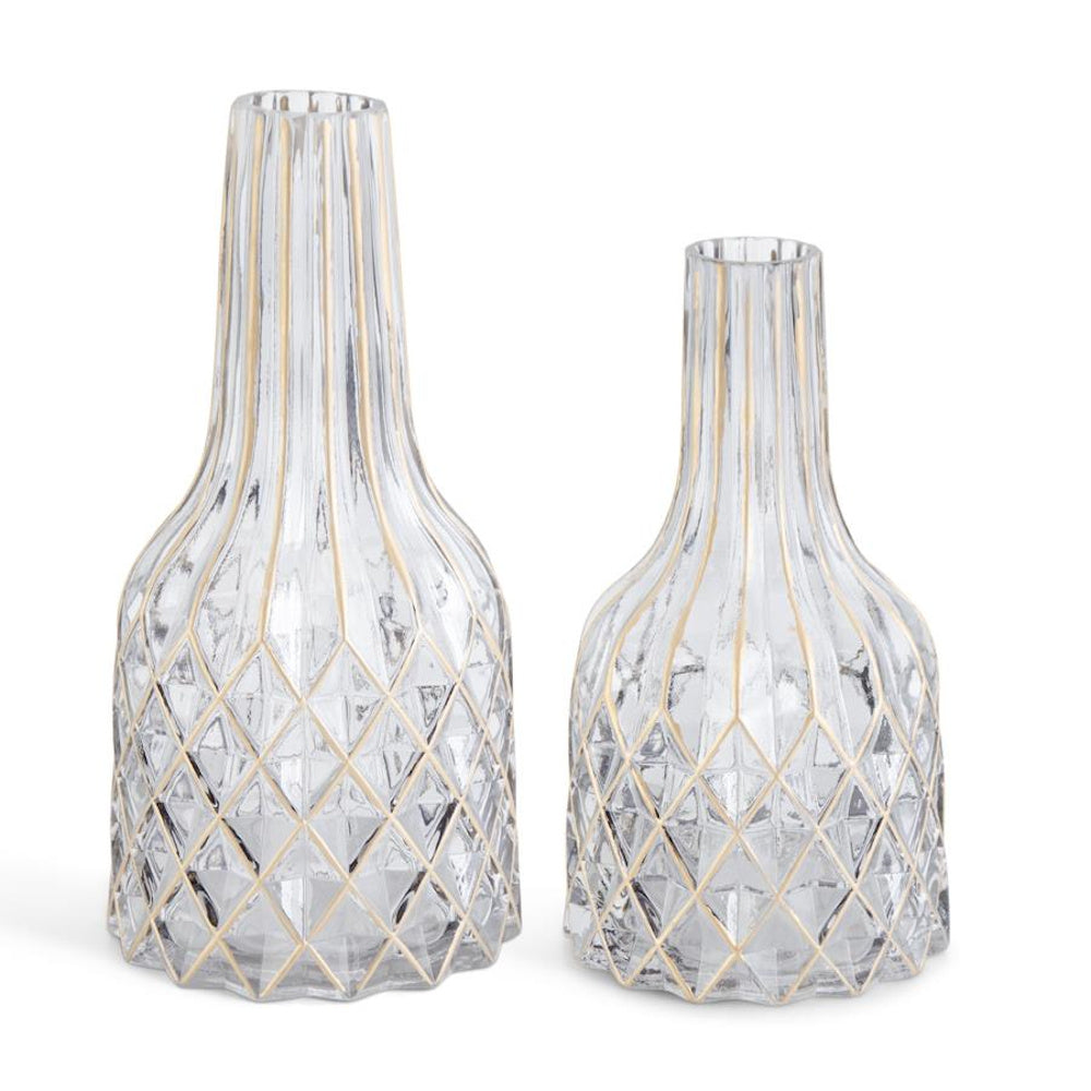 Small Smoked Glass Bottle Neck Vase with Gold Diamond Pattern — alternate view 2