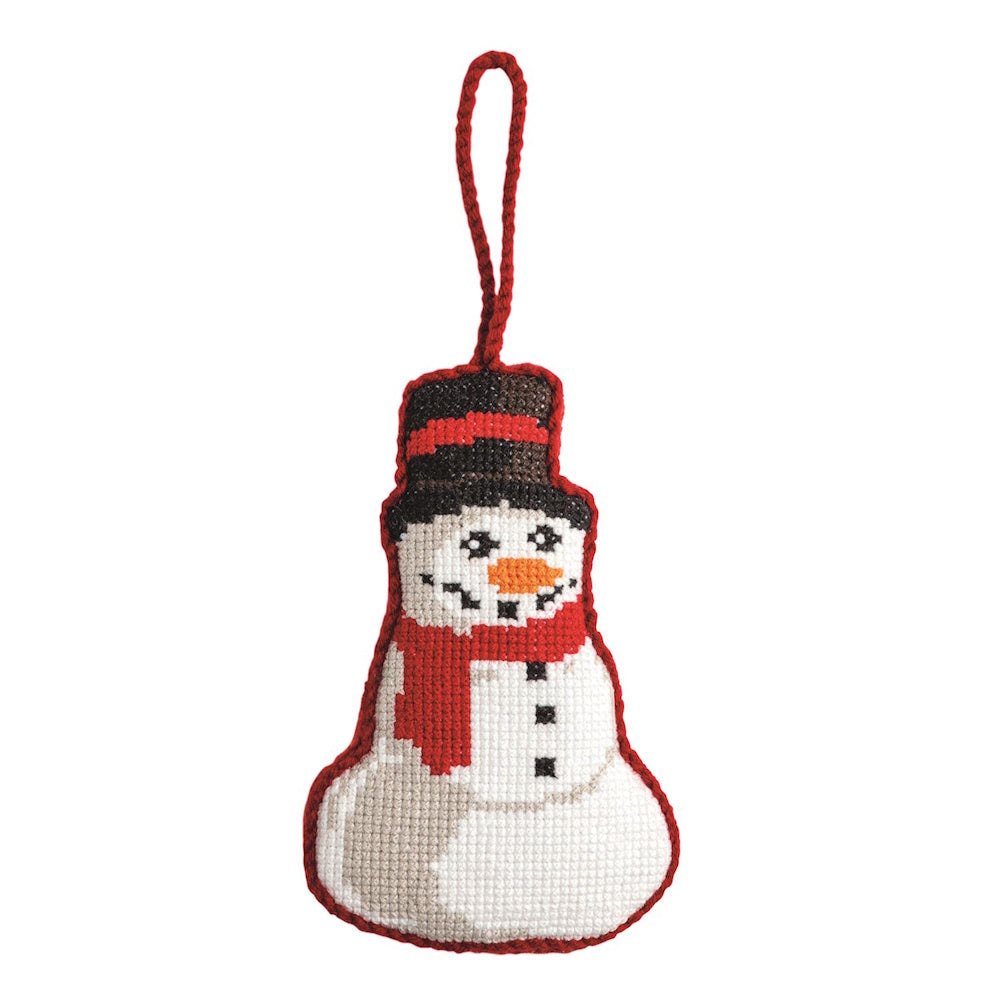 Handcrafted needlepoint snowman Christmas ornament with a top hat, red scarf, and hanging loop.
