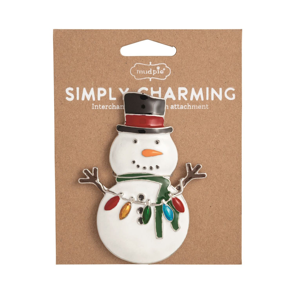 Mud Pie Simply Charming snowman interchangeable attachment with a top hat and colorful Christmas lights.