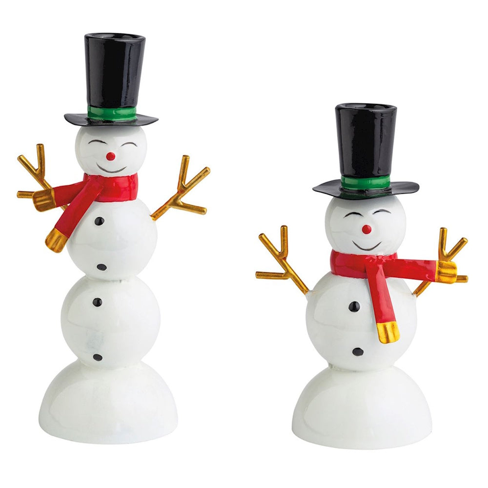 Pair of snowman taper candle holders in two different sizes with top hats and red scarves.