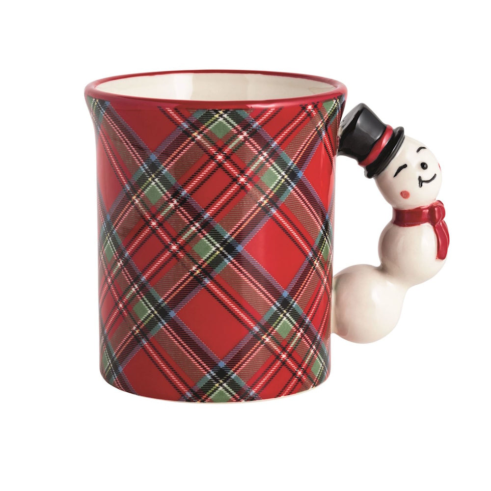Red tartan plaid ceramic mug featuring a 3D snowman shape as the handle.