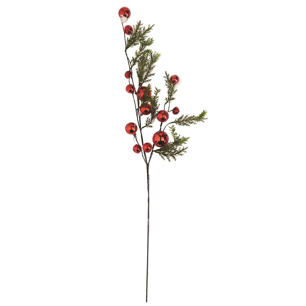 Snowy Pine Branch with Red Bells