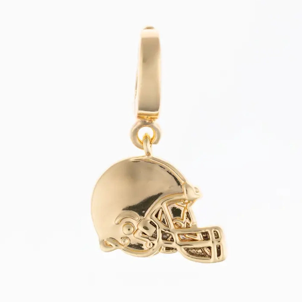 Gold football helmet charm with detailed face mask on a plain white background.