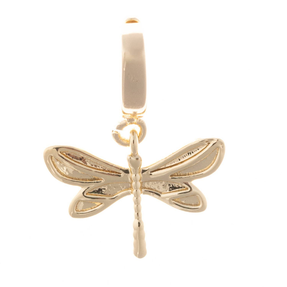 A polished gold pendant charm in the shape of a dragonfly on a plain white background.