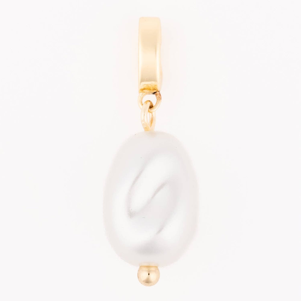 White oval pearl charm hanging from a gold loop bail.