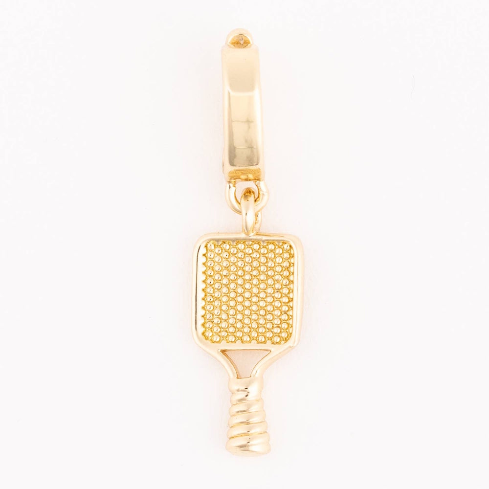 Gold pickleball paddle charm with textured grid pattern hanging from a smooth bail.