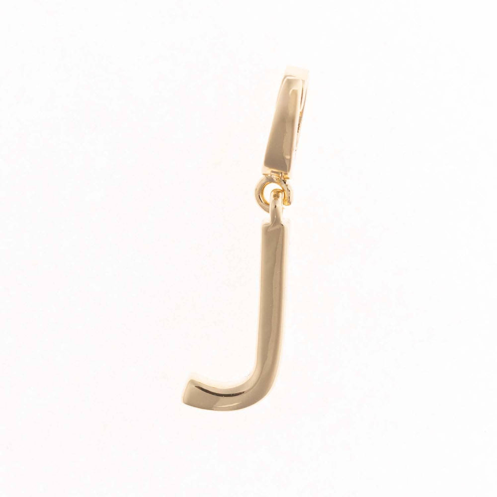 Polished gold pendant charm shaped like the letter J with an attached clip, set against a plain white background.