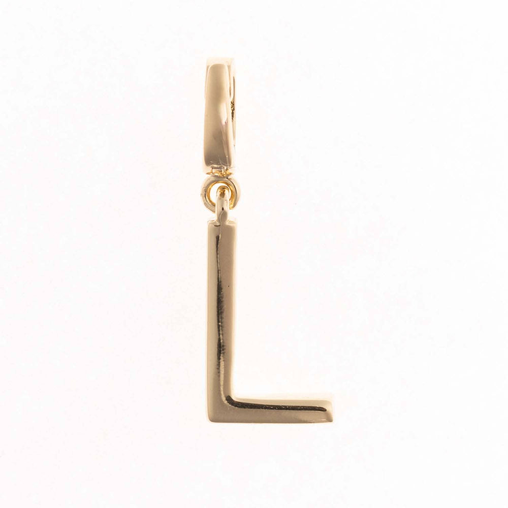 Polished gold pendant charm shaped like the capital letter L.