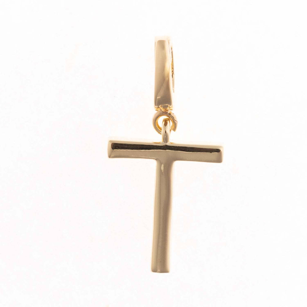 A polished gold pendant charm in the shape of the capital letter T on a plain white background.