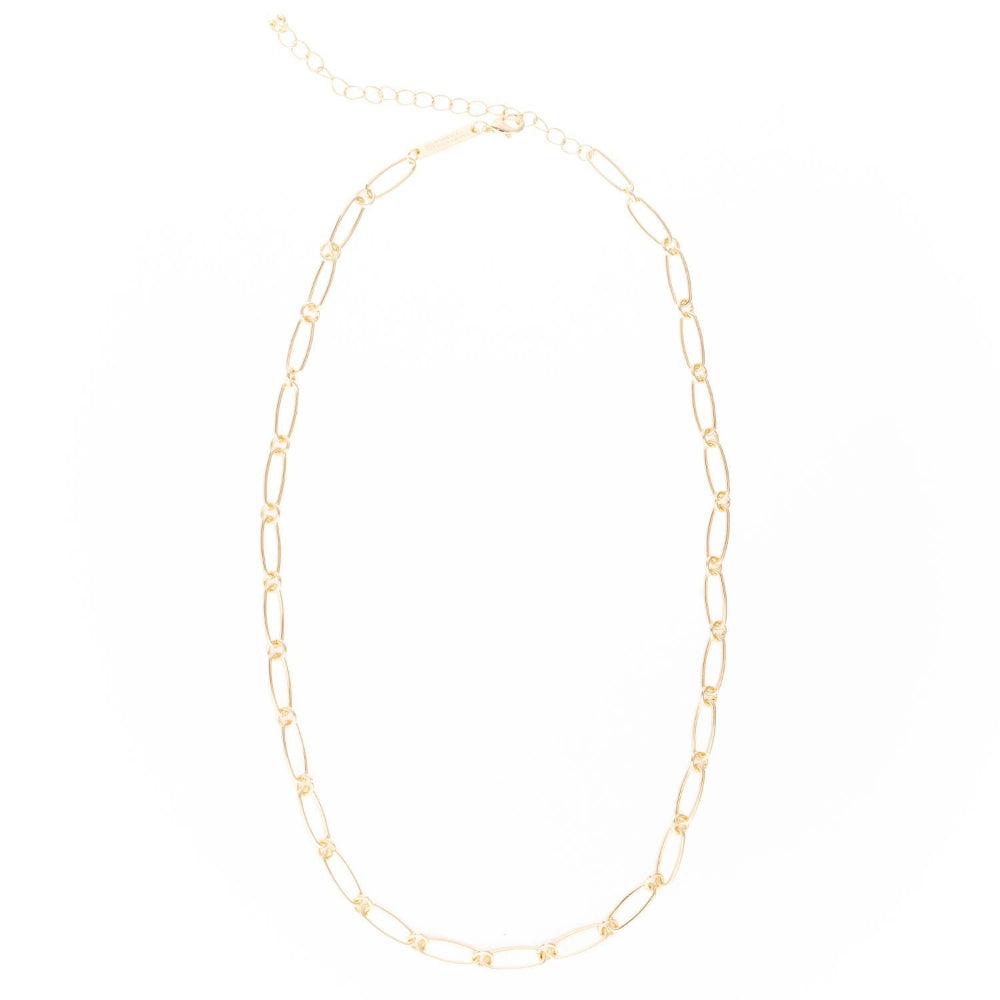 Gold chain link necklace with an adjustable clasp, displayed flat against a plain white background.