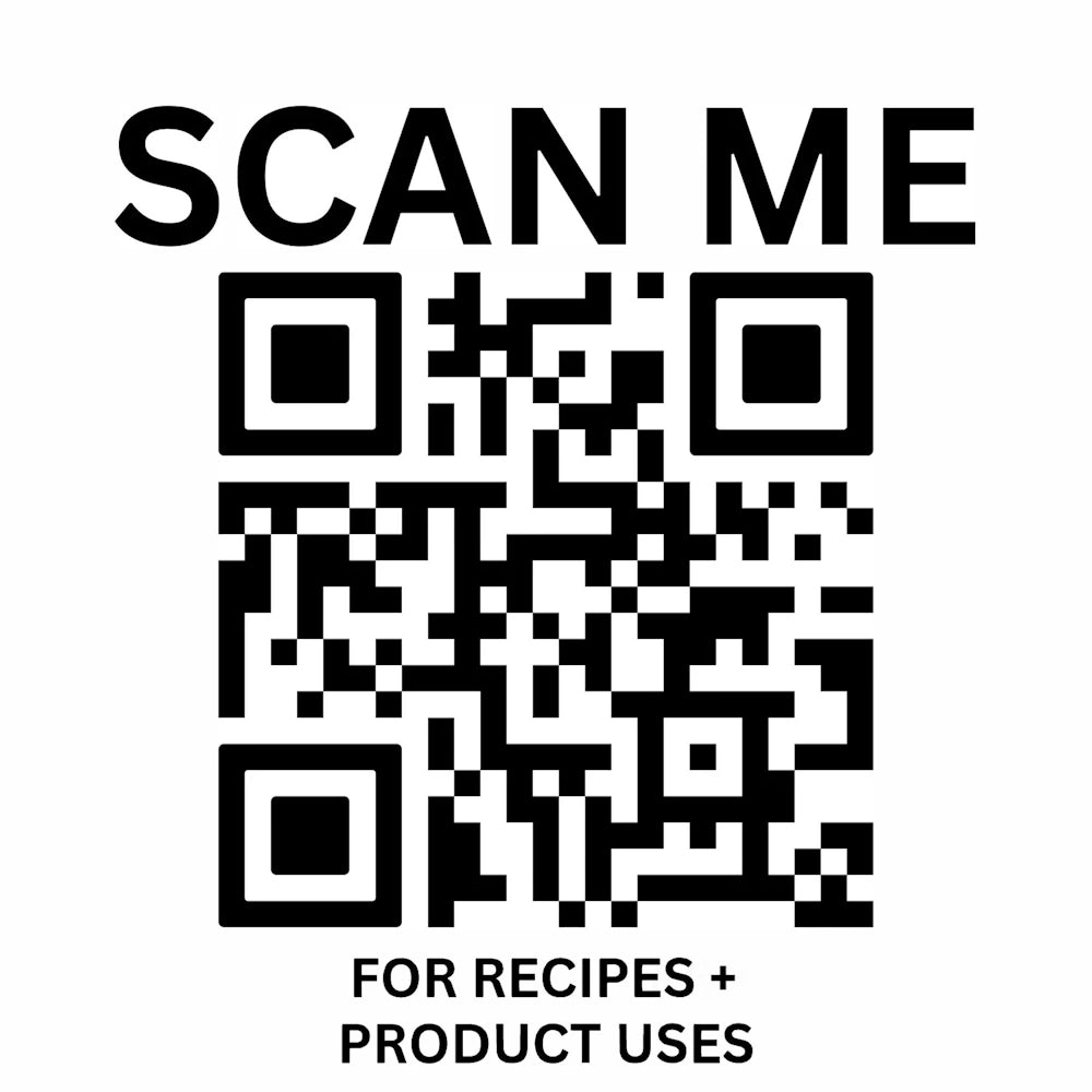 QR code with "SCAN ME" text above and "FOR RECIPES + PRODUCT USES" below on a white background.