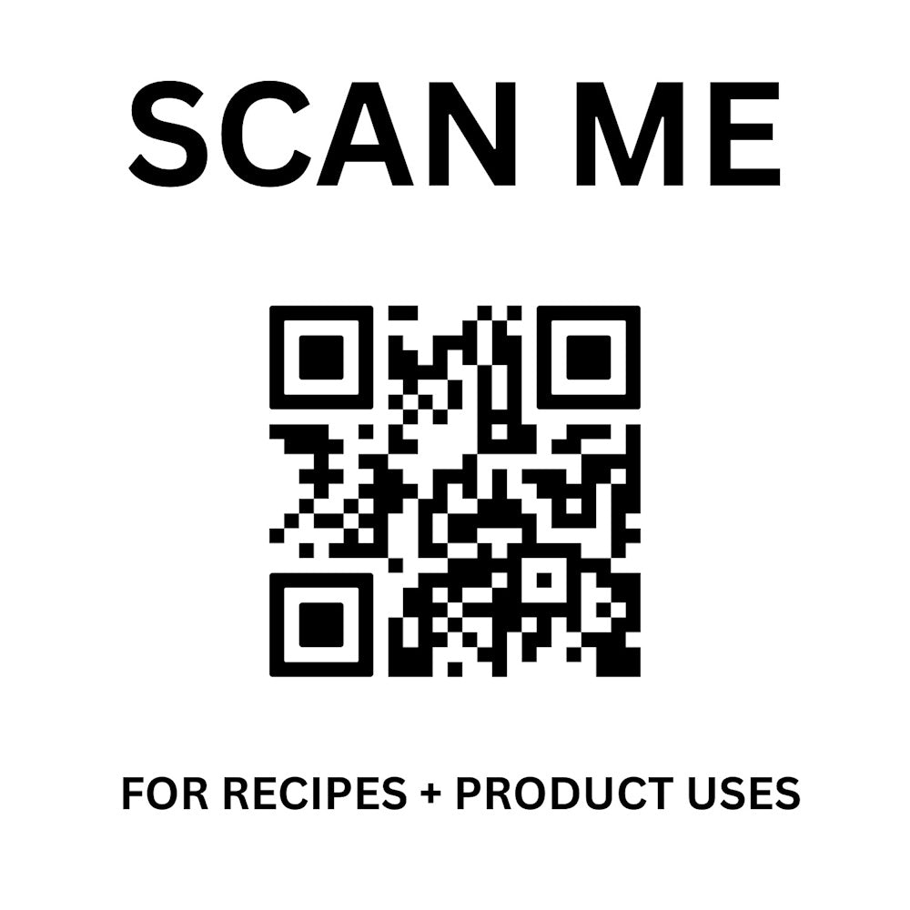 A QR code labeled "SCAN ME" on top and "FOR RECIPES + PRODUCT USES" below on a white background.