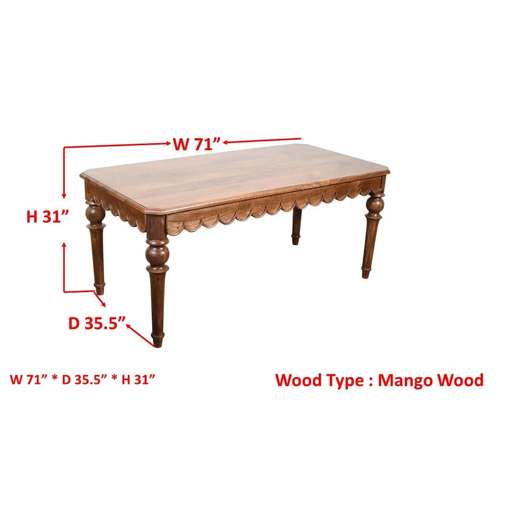 Solid Mango Wood Dining Table with Scalloped Apron and Turned Legs - 71" W by 35.5" D by 31" H