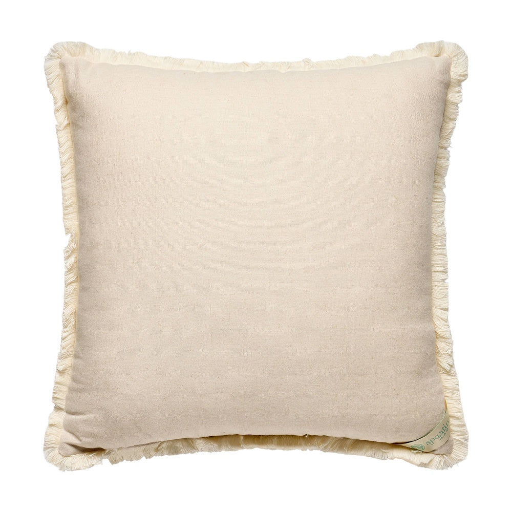Cream square throw pillow with decorative fringe trim and a minimalist design on a white background.