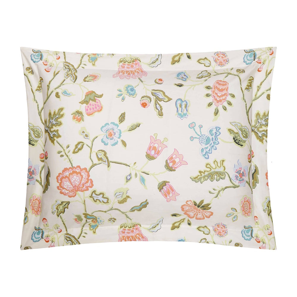 Floral pattern pillow sham with pink and blue botanical print on white fabric for bedding decor.