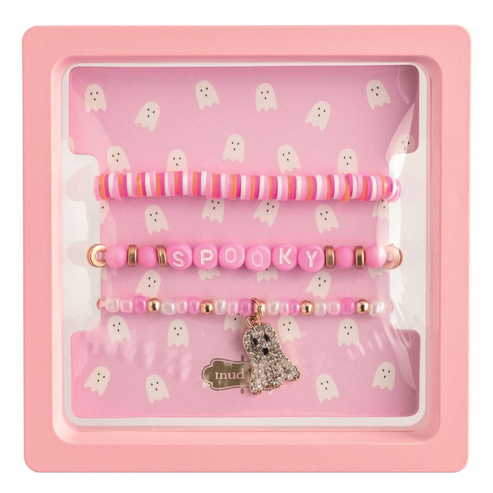 Pink Halloween bracelet set with "SPOOKY" beads and a ghost charm.