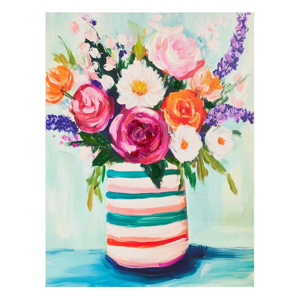 An impressionist painting of a colorful floral bouquet in a striped vase against a light teal background.