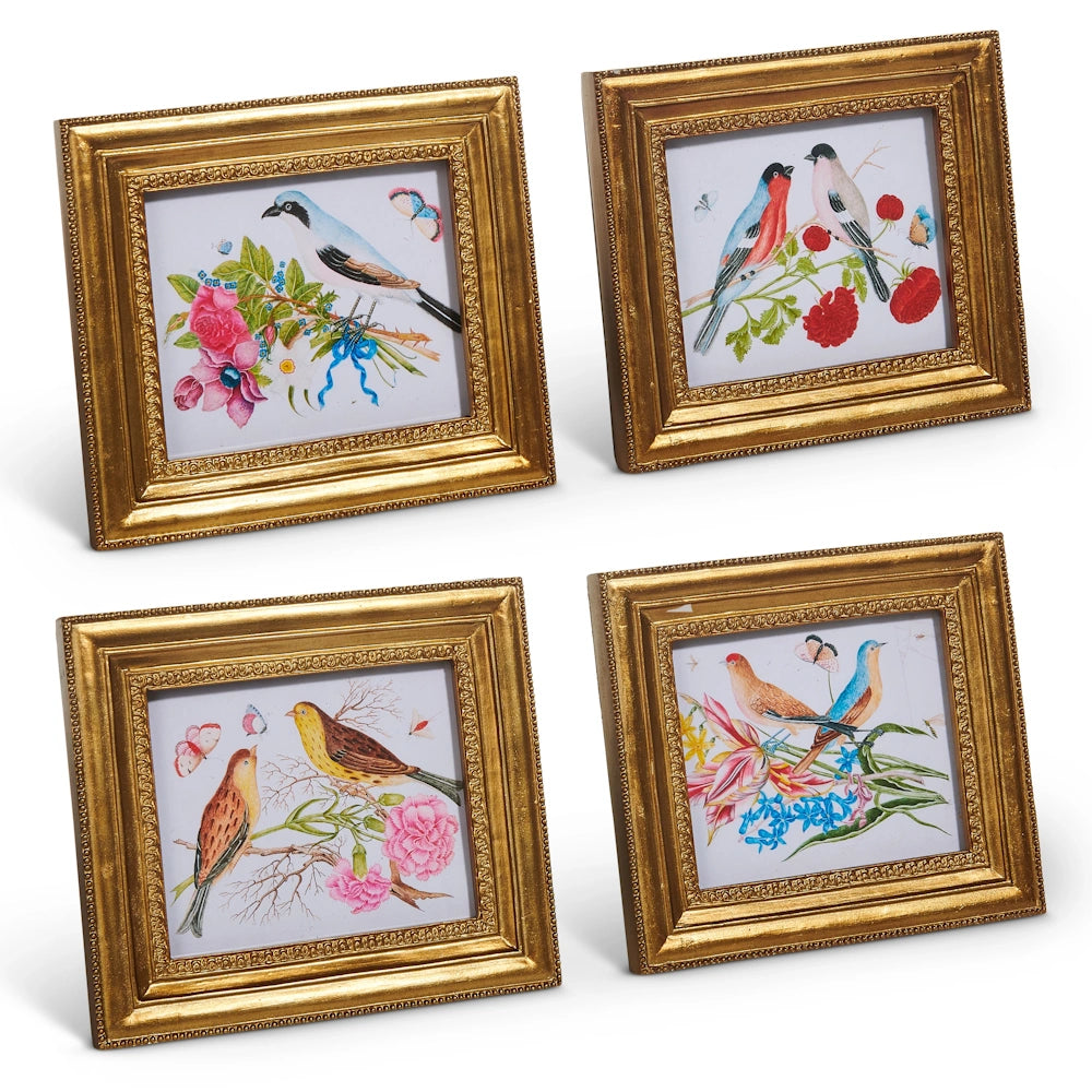 Four ornate gold frames display colorful bird illustrations. Each depicts vibrant birds with flowers and butterflies, exuding elegance and harmony.