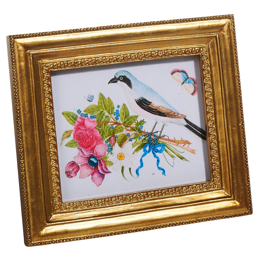 Framed illustration of a bird among vibrant pink flowers and green leaves, with a butterfly and dragonfly. Set in an ornate gold frame. Vintage and elegant.