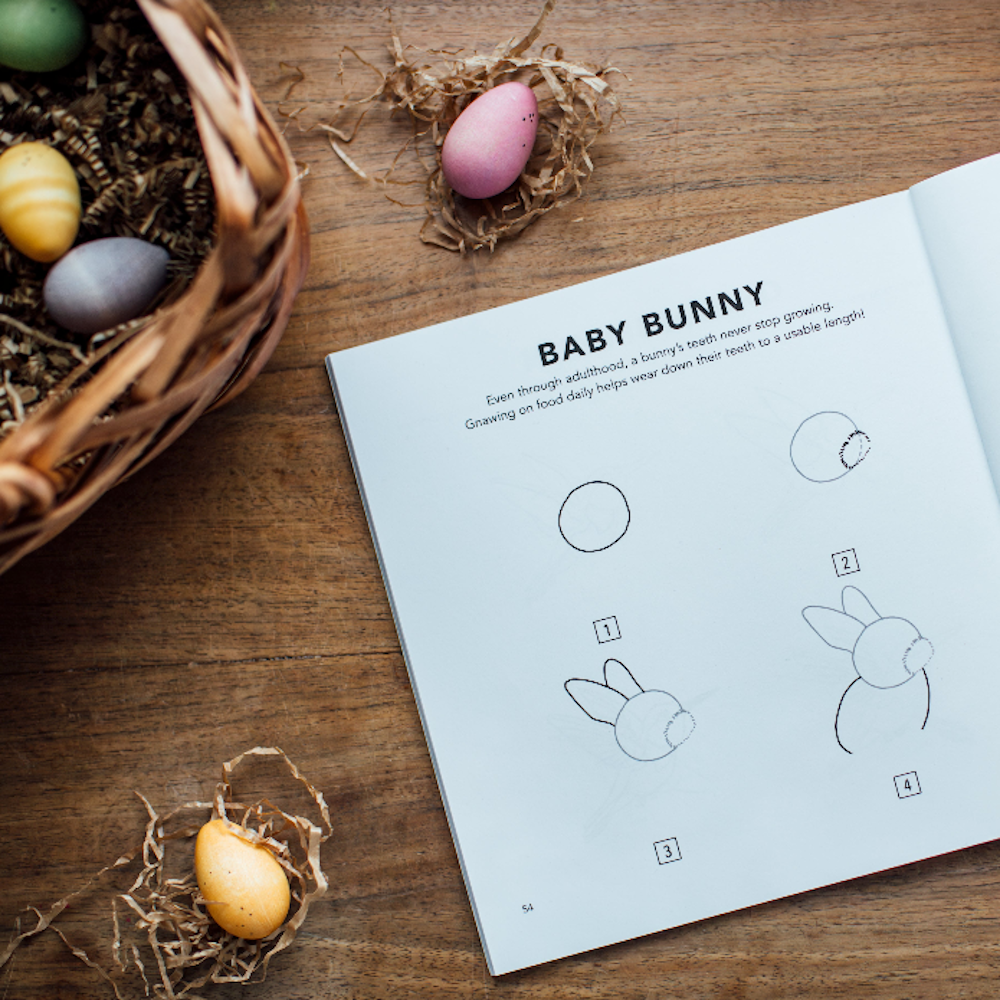 How-to-draw baby bunny book on a wooden table with a basket of colorful Easter eggs and decorative paper grass.