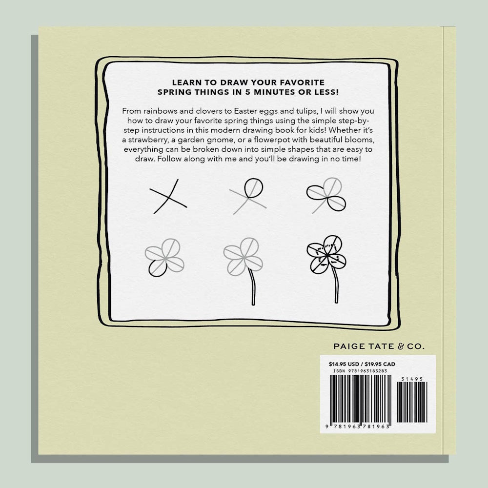 Back cover of a kids' spring drawing book showing step-by-step instructions for sketching a four-leaf clover.