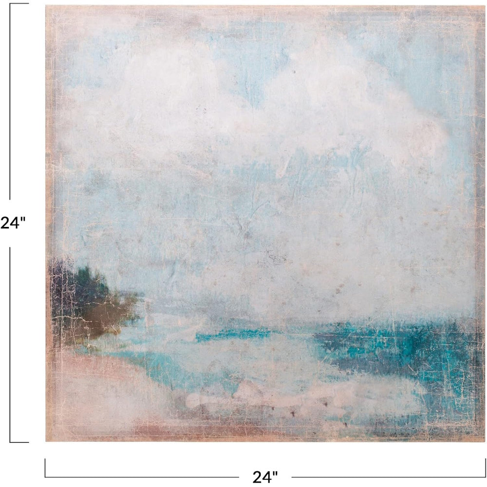 A square canvas wall art featuring a distressed beach scene painting, with dimensions labeled 24" by 24".