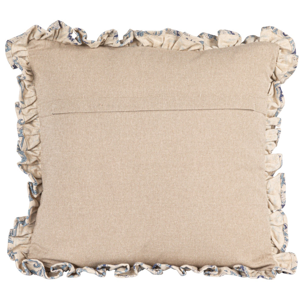 Beige cotton-blend throw pillow featuring an envelope closure on the back and ruffled edges with blue patterns.