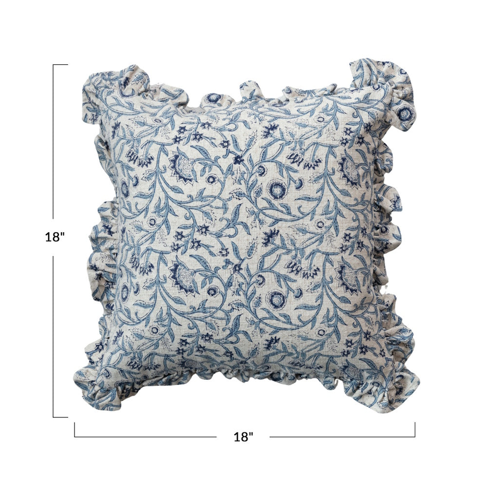 Square, blue and beige block-print floral pillow with ruffled edges, labeled with 18-inch dimensions.