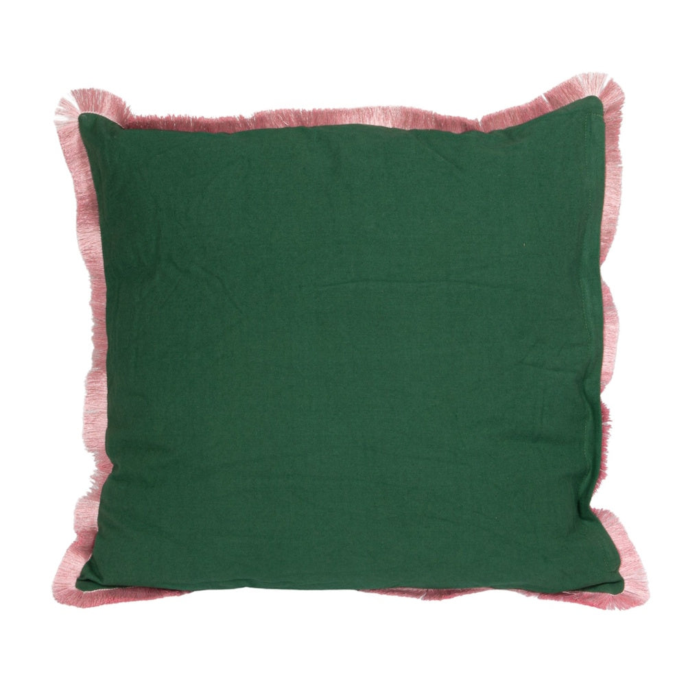Green throw pillow with a plain back and light pink eyelash fringe trim along the edges.