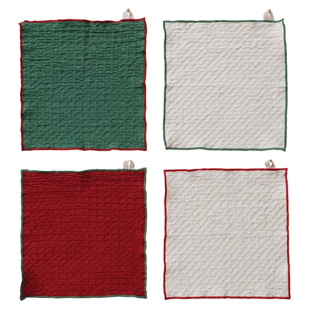 Set of 4 Square Cotton Dish Cloths with Colored Trim