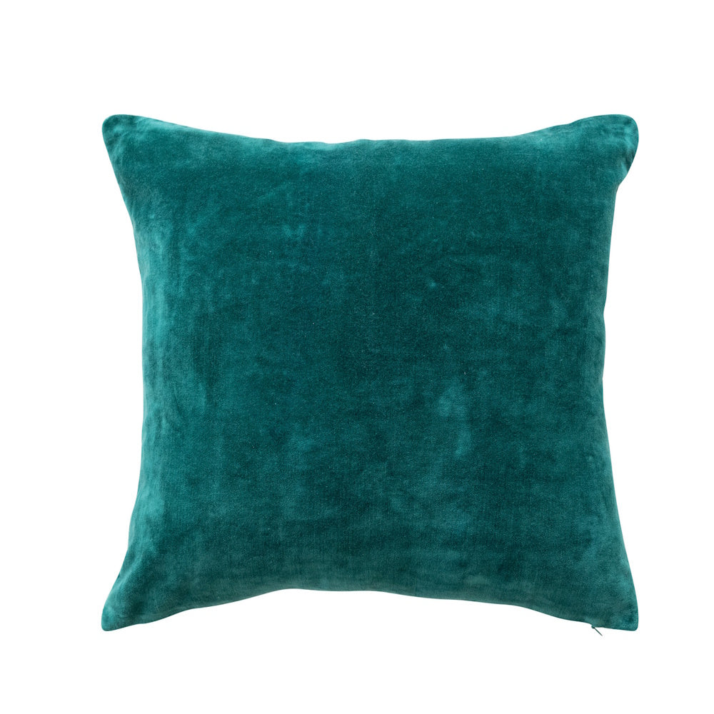 Square teal green velvet decorative throw pillow on white background.