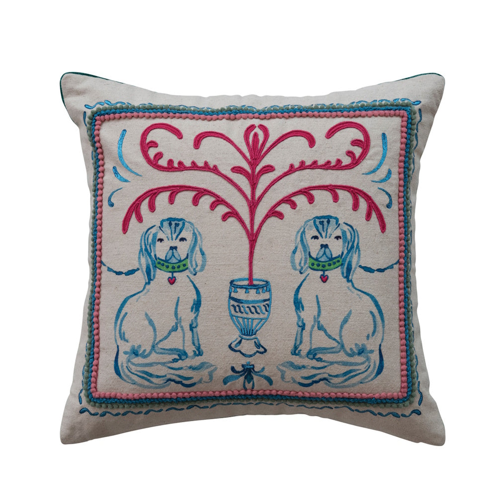 Square linen pillow featuring an embroidered blue Staffordshire dog scene with pink floral details.