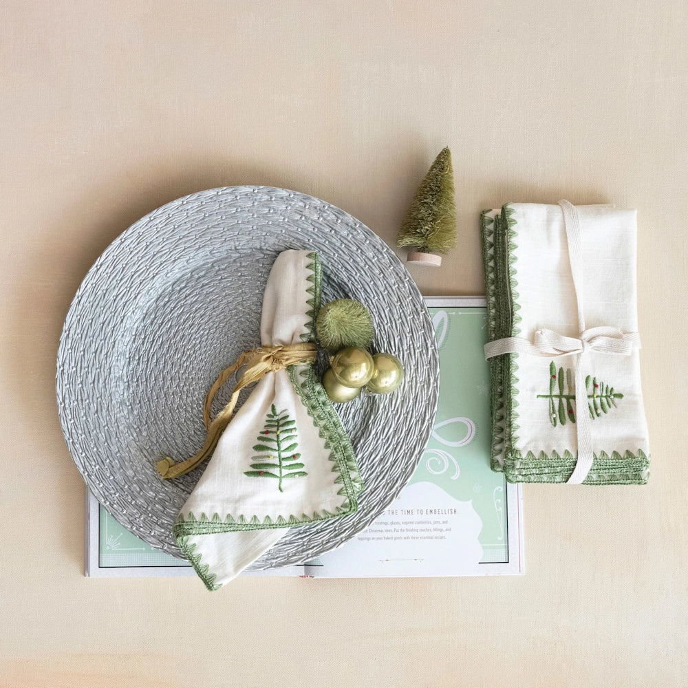 Set of 4 Square Cotton Napkins with Embroidered Tree