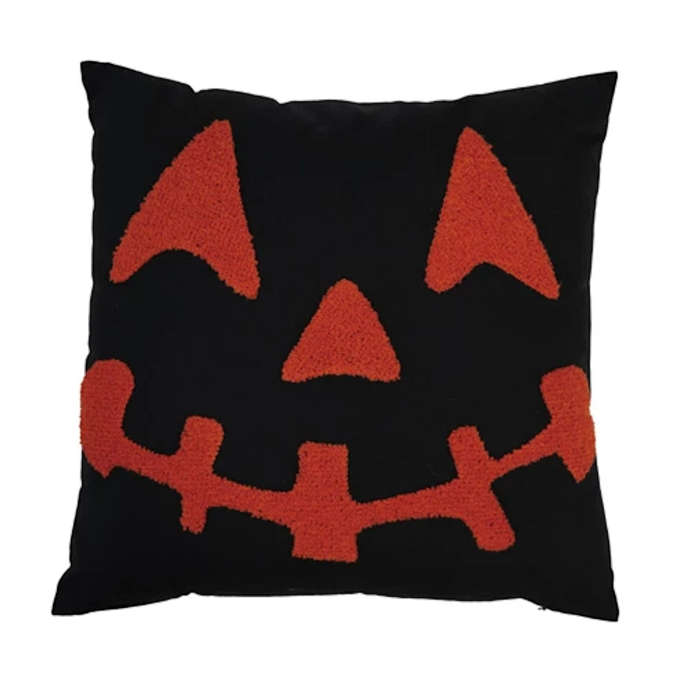 Black square Halloween throw pillow with a textured orange embroidered jack-o'-lantern face.