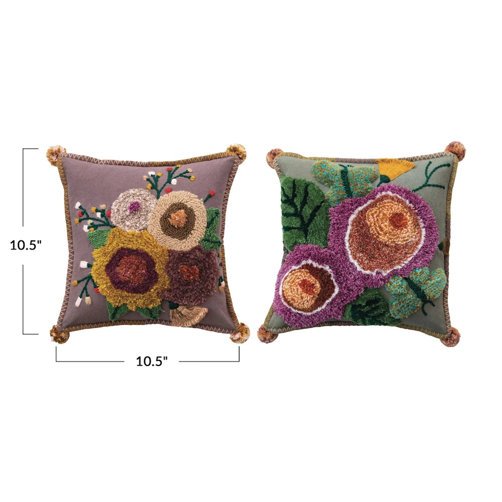 Pair of bohemian floral tufted throw pillows, 10.5x10.5 inches, featuring raised botanical embroidery and tassels.