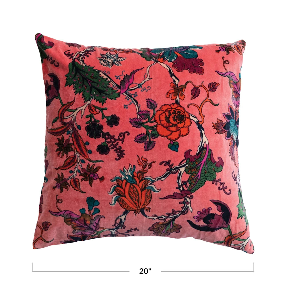 Pink floral velvet decorative pillow, 20x20 square cushion with colorful garden embroidery.