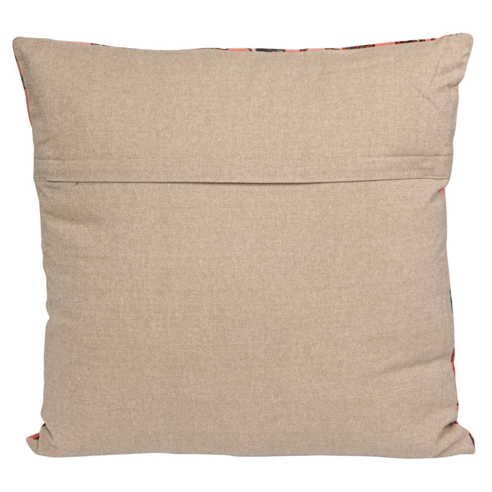 Back view of a beige linen square throw pillow cover with a hidden zipper closure on a white background.