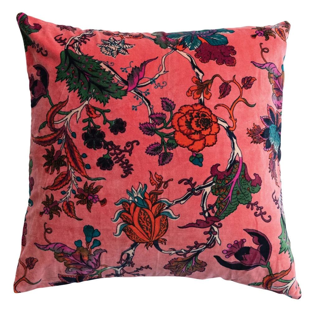 Floral embroidered pink velvet decorative pillow featuring colorful blossoms and green leaf accents.