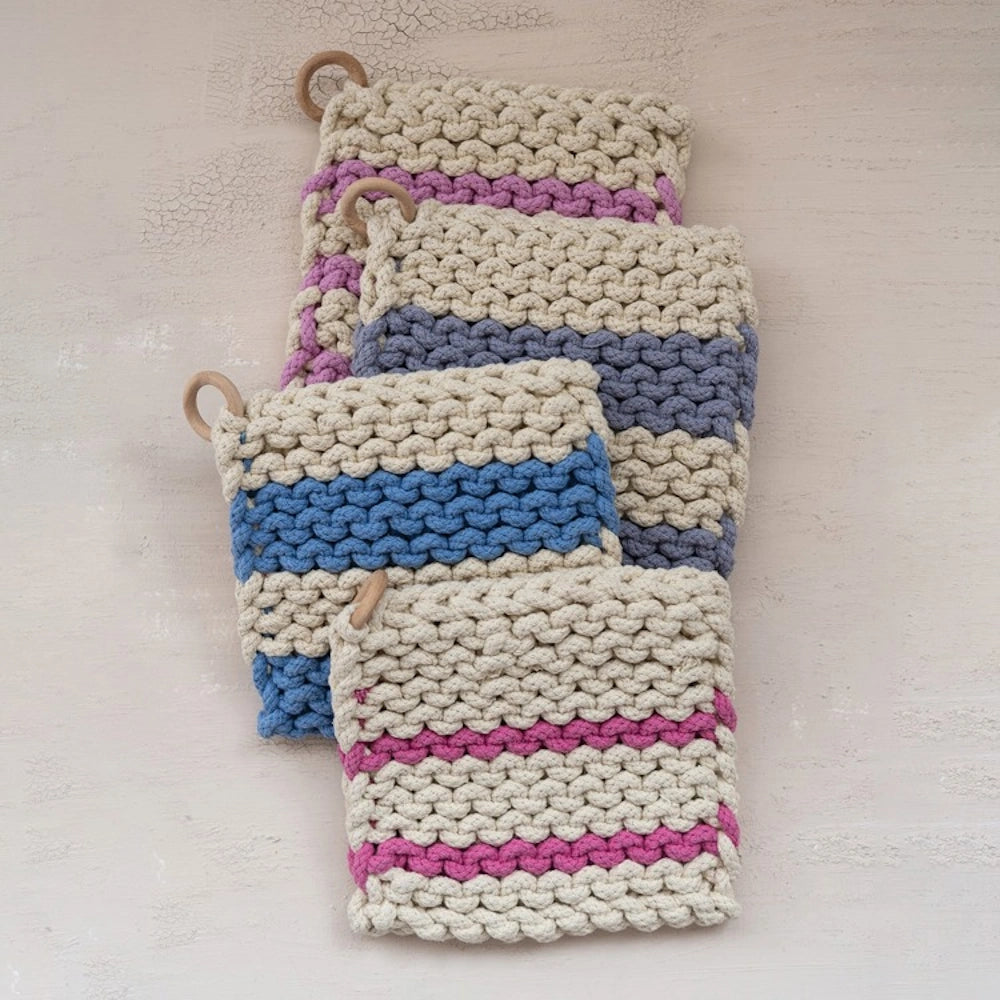 Square Crocheted Pot Holder with Wood Ring