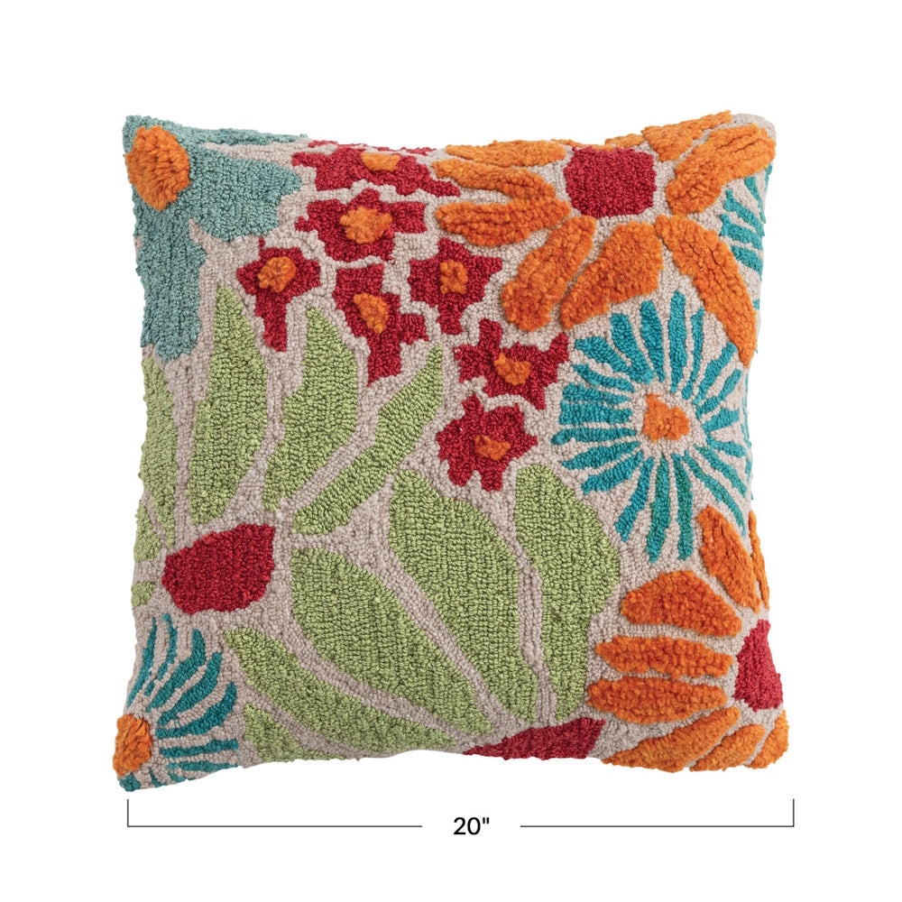 20-inch square tufted indoor-outdoor pillow with colorful textured floral embroidery in orange, red, and blue.