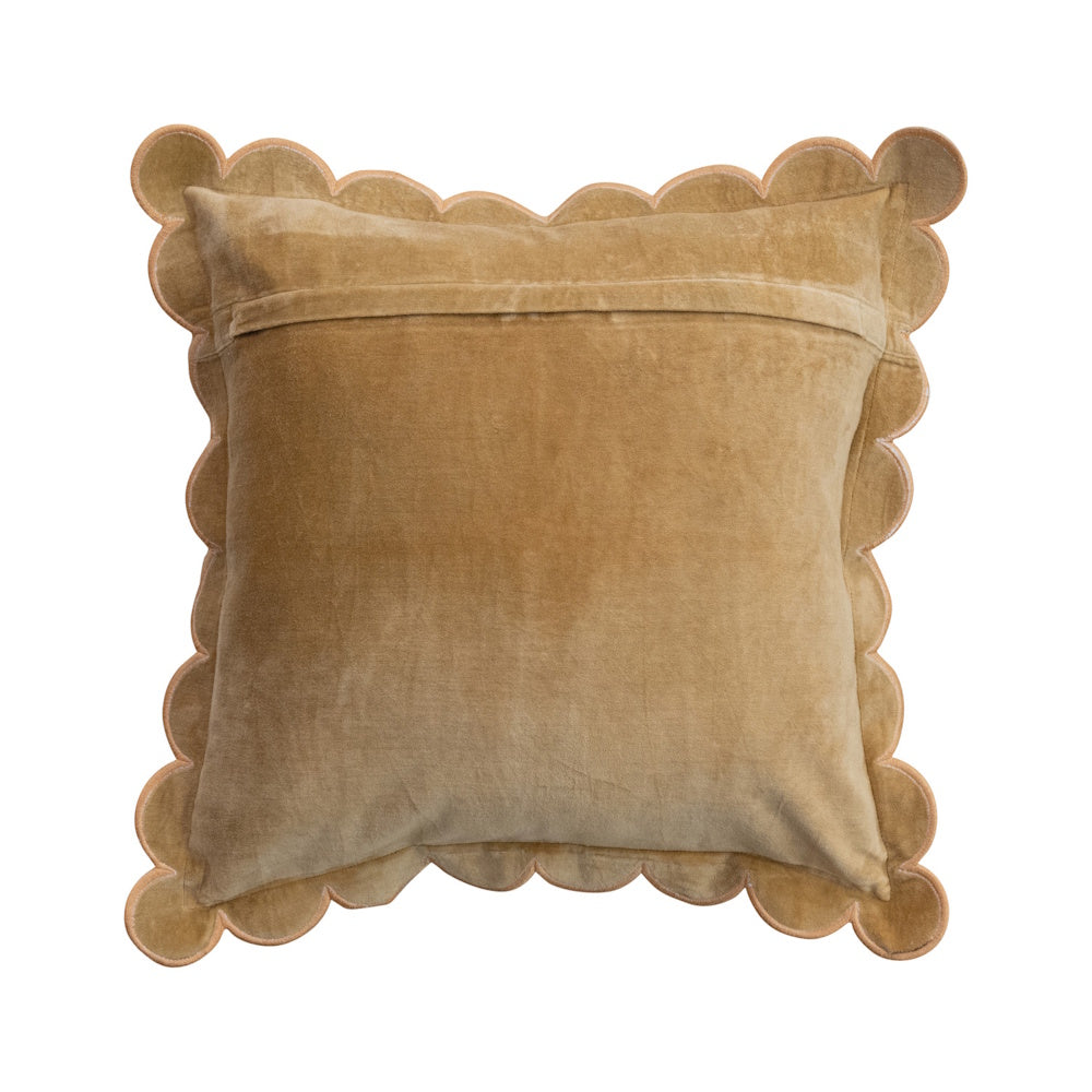 Back view of a square mustard yellow cotton velvet pillow with a zipper closure and scalloped edges.