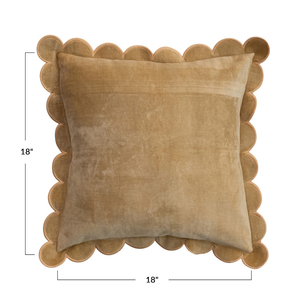 Dimensions of an 18x18 square mustard cotton velvet scalloped pillow with a decorative trim.