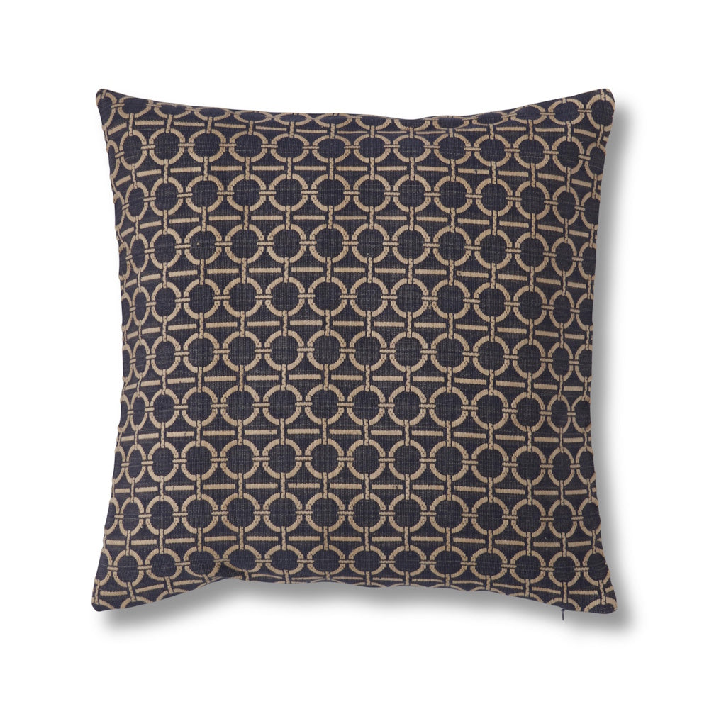 Square navy blue throw pillow featuring a beige geometric linked ring pattern and microfiber filler.