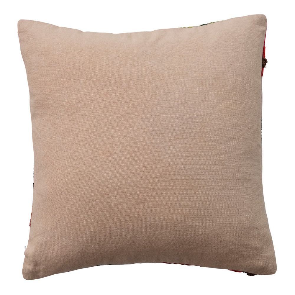 Back view of a square beige throw pillow with a smooth fabric finish. Neutral decorative cushion for home decor.