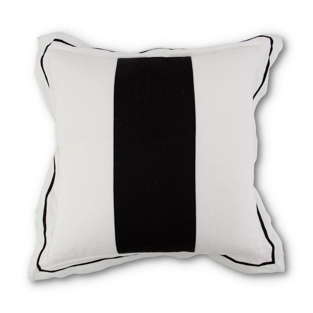 Square white linen pillow with a bold vertical black stripe and thin black piped edges.