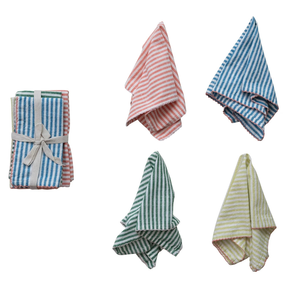 Striped cloth napkin set with scalloped edges; includes blue, coral, green, and lime green linens.