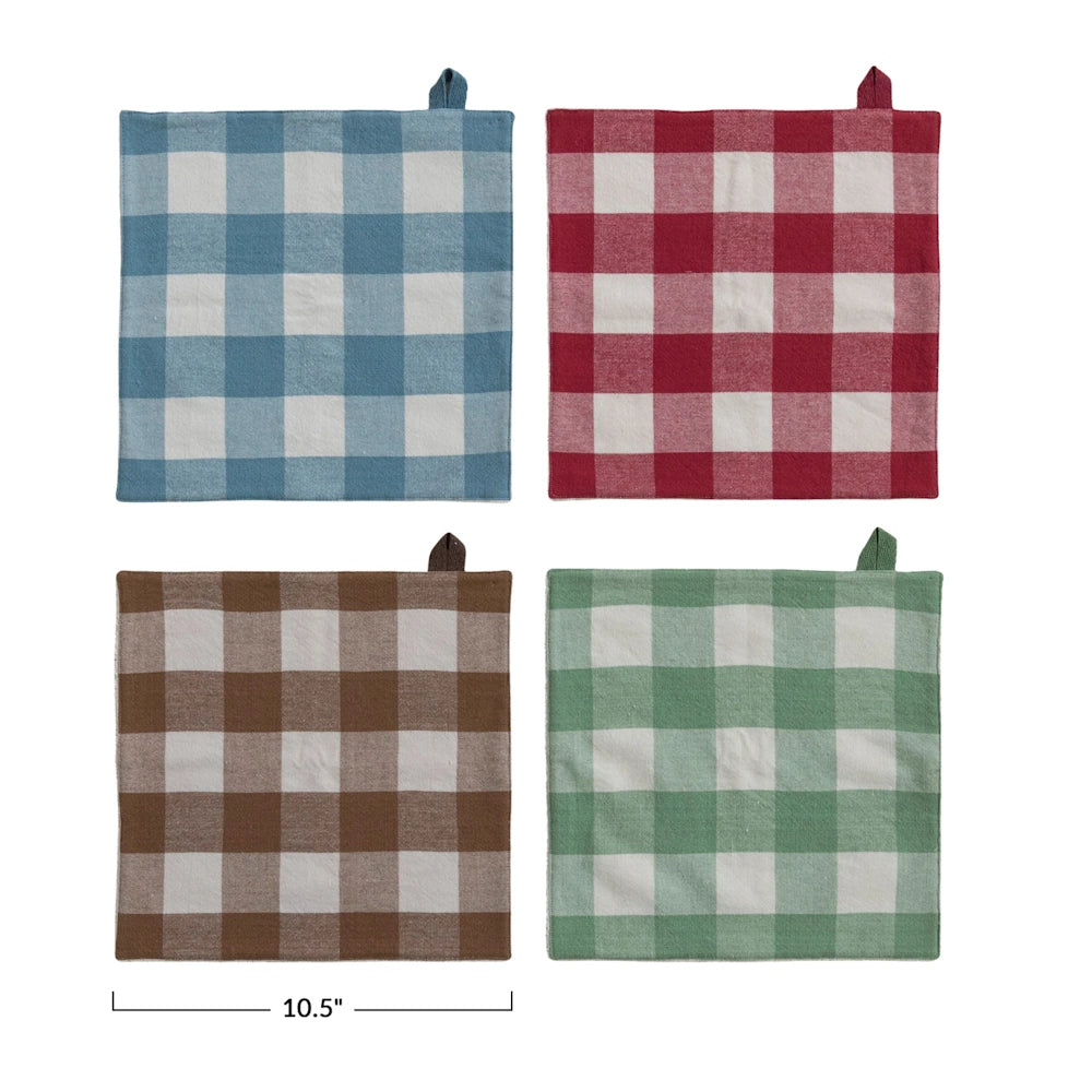 Four 10.5-inch gingham checkered woven cotton dish cloths in blue, red, brown, and green with hanging loops.