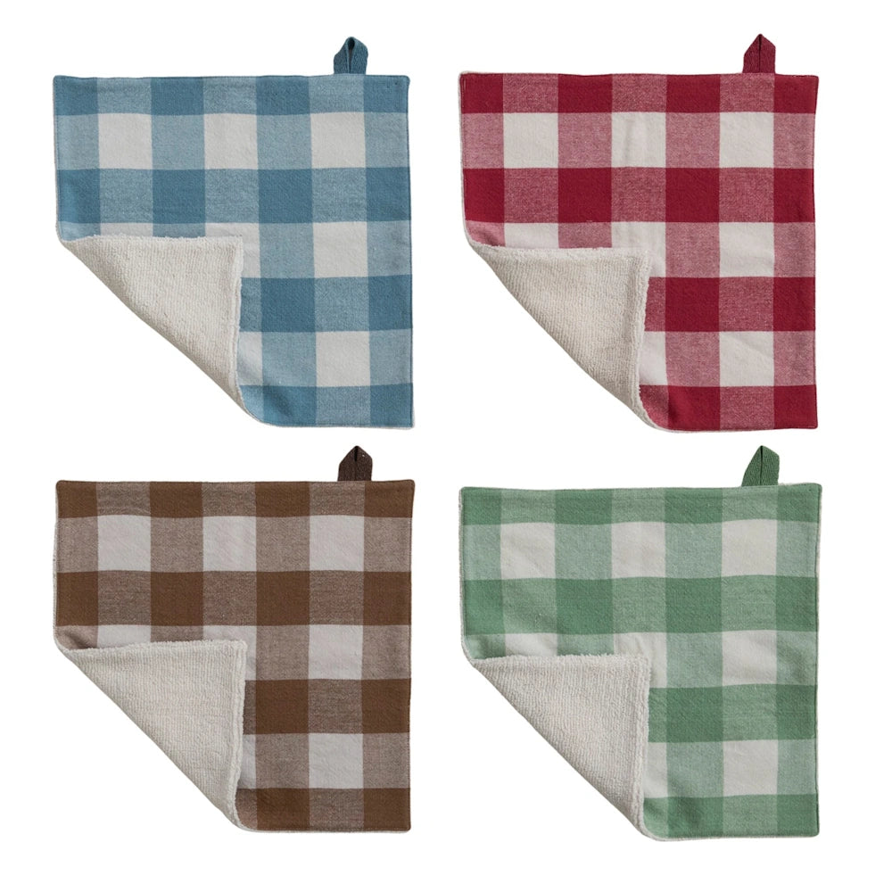 Four gingham dish cloths in blue, red, brown, and green, each folded at the corner to show a soft backing.