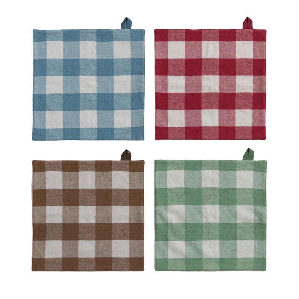 Set of four gingham checkered woven cotton dish cloths in blue, red, brown, and green with hanging loops.